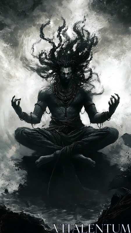 Dark meditative figure levitates within swirling storm clouds