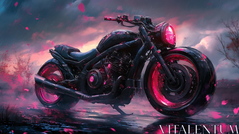 Custom neon motorcycle in rainy dusk environment.
