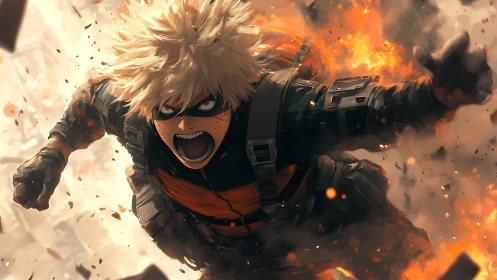 Masked combat figure in midair amid explosion and debris.