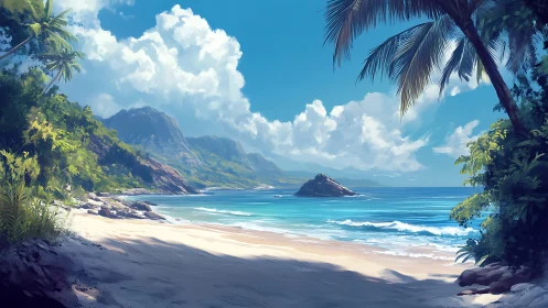 Tropical Coastal Landscape with Volcanic Islands and Palm Framed Vistas