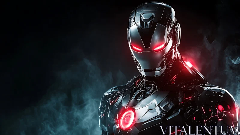 Cybernetic armored warrior stands in glowing red-lit smoke