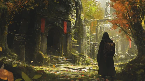 Hooded figure surveys moss-covered ruins in dense forest