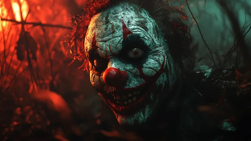 Chromatic horror clown in volumetric bicolor forest light.
