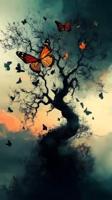 Butterfly storm rising from a twilight phantom tree.