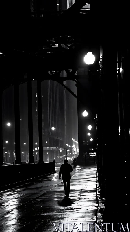 Noir urban streetscape with lone figure and wet reflections.