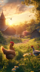 Pastoral Dawn: Rooster Pair in Luminous Meadow With Church Architecture.