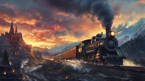 Steamlit night express crossing ember kissed mountain realm.