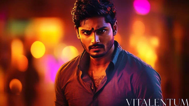 Moody night portrait in glowing city neon hues.