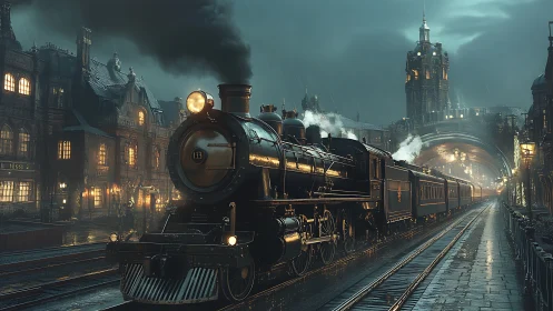 Steam locomotive stitches rainy city into glowing rails