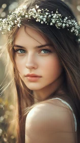 Portrait depicts a young woman in profile with floral headband