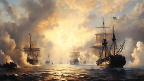 Warships move through dense sea smoke at bright sunrise