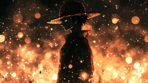 Straw-hatted silhouette strides through embers and dusk fire.