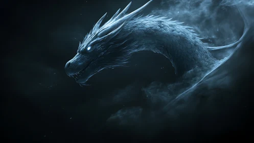 Cryogenic spectral dragon rendered in volumetric blue haze.