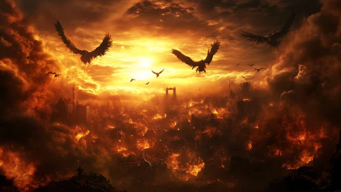 Fiery skyline under stormy wings and a blazing sunset.