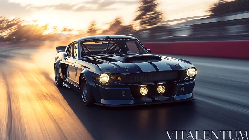 Sunset sprint with a classic muscle car in full flight.