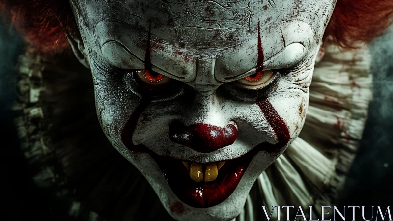 Predatory carnival clown grins under feverish circus gloom.