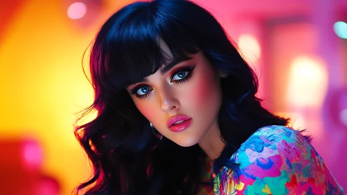 Vibrant digital portrait of woman in neon studio lighting.