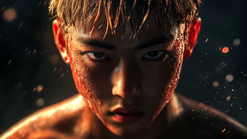 Intense wet portrait under burning cinematic rim light.