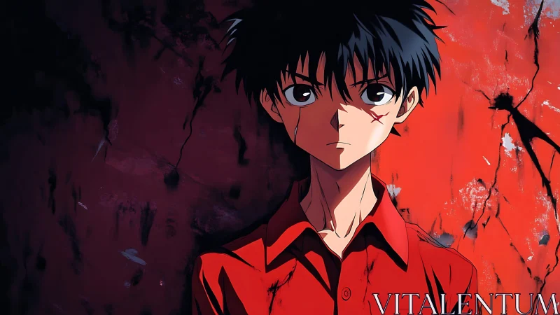 Anime portrait against distressed red concrete wall surface.