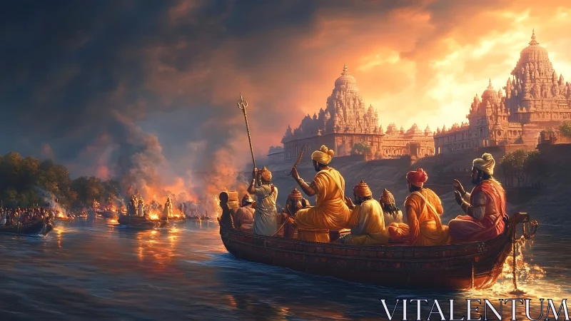 River of flames and prayers before sunrise temple citadels.