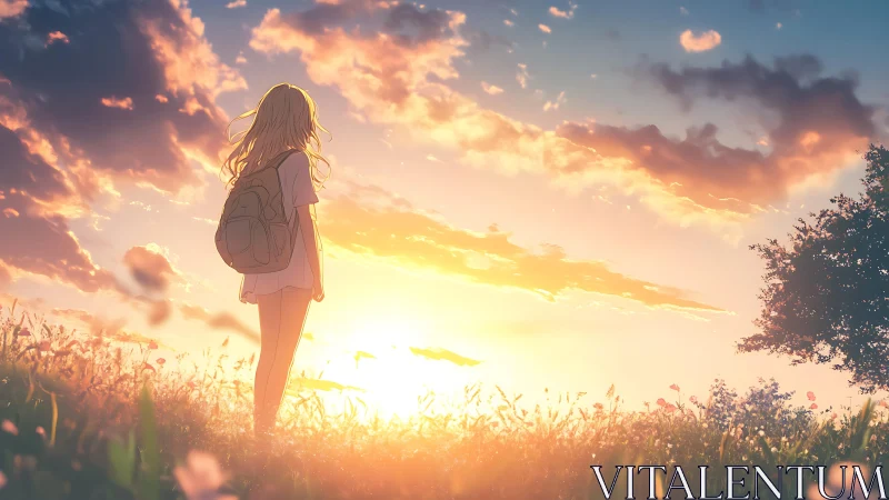 Sunlit girl with backpack watching a glowing summer horizon.