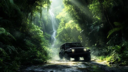 Off-road jeep cuts through luminous jungle waterfall trail.
