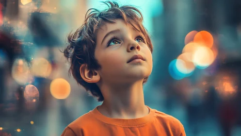 Child gazing upward amid urban bokeh lights and atmosphere