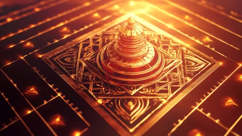 Luminous golden mandala temple over geometric circuitry grid.