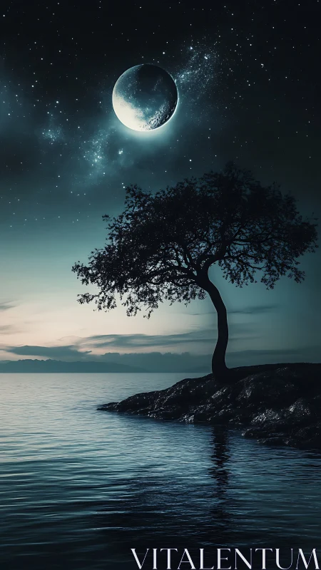 Crescent Moon Over Solitary Tree at Twilight.
