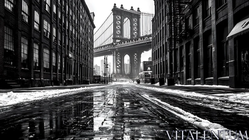 Snowy cobblestone street beneath large steel suspension bridge.