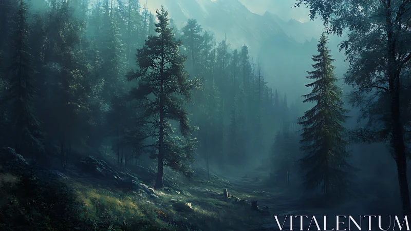 Coniferous forest landscape with atmospheric depth and volumetric light rendering through layered tr