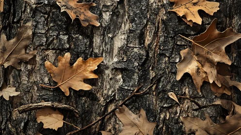 Dry oak leaves on rugged tree bark form a textured autumn study