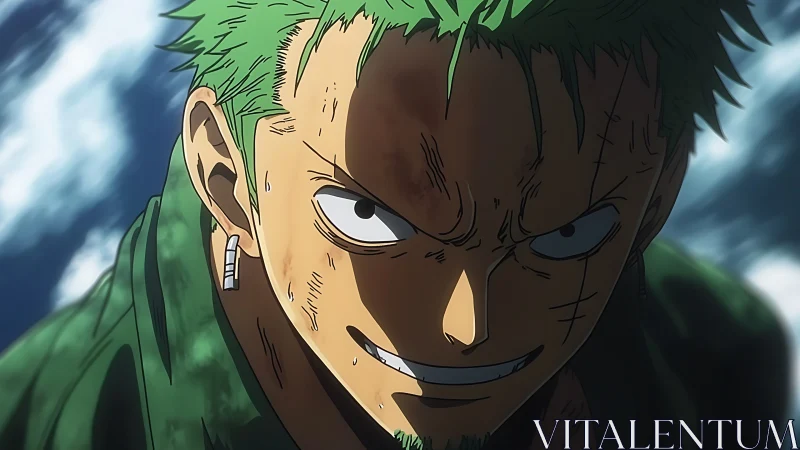 Green-haired swordsman glares ahead with fierce resolve.