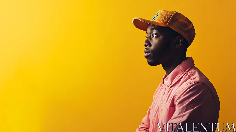 Side profile portrait in pink shirt on yellow background.