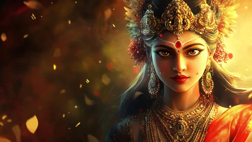 Digital painting of regal goddess portrait with radiant bokeh background.