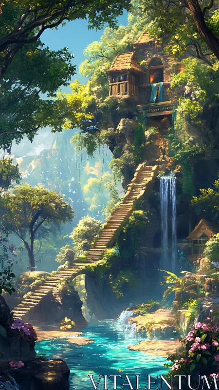 Cliffside jungle temple above bright turquoise river.