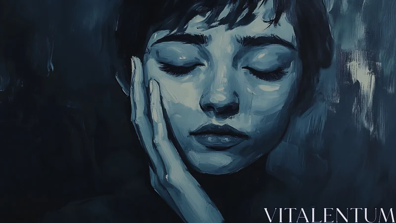 Monochrome portrait of closed‑eye figure with hand on face.