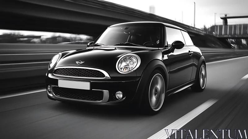Glossy black compact hatchback on highway in dynamic motion