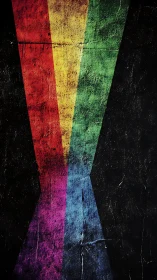 Grunge rainbow beams converging on textured black field.