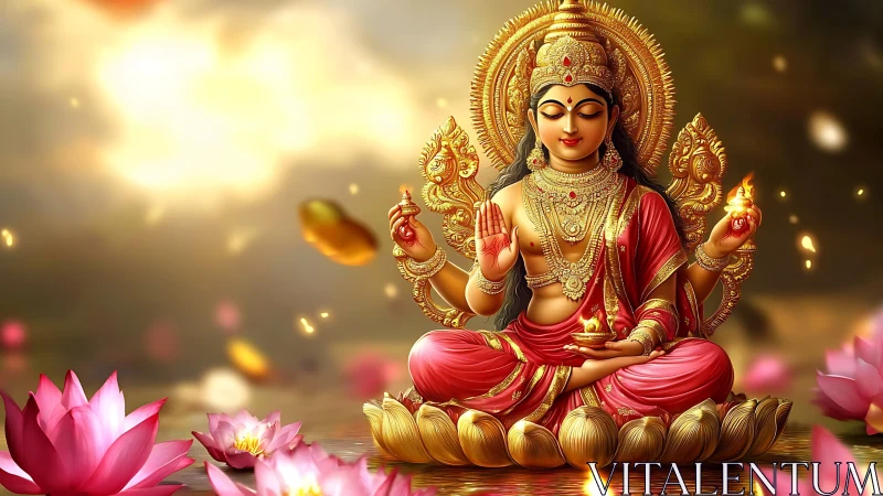 Seated four-armed deity on lotus with ornate golden halo.