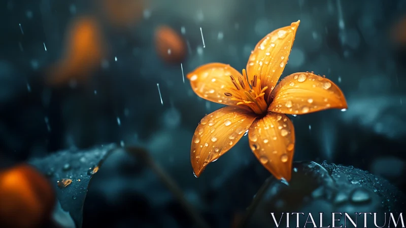 Golden Flower With Raindrops in Stormy Atmosphere