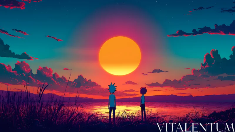 Cel-shaded sunset landscape frames two silhouetted observers