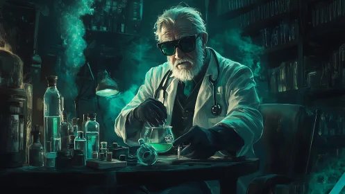 Elderly chemist in teal-lit laboratory mixing volatile serum.