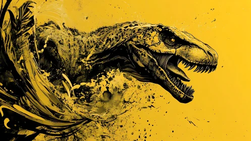 Ferocious dinosaur head bursts from yellow abstract swirl.