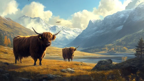 Shaggy highland guardians grazing beneath glacier-bright peaks.