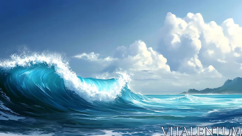 Powerful blue ocean wave under bright coastal sky.