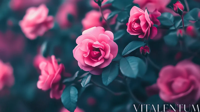 Pink roses bloom with muted teal foliage depth.