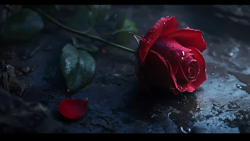 Photorealistic fallen red rose on wet ground in low-key light.