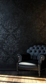 Velvet shadows over black leather armchair in baroque room.