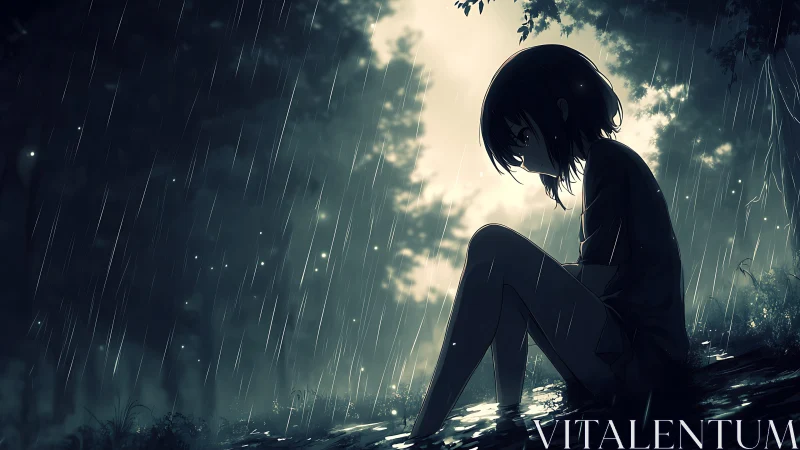 Silhouetted girl seated by water under heavy rainfall.